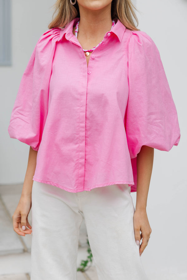 Let's Run Pink Bubble Sleeve Blouse