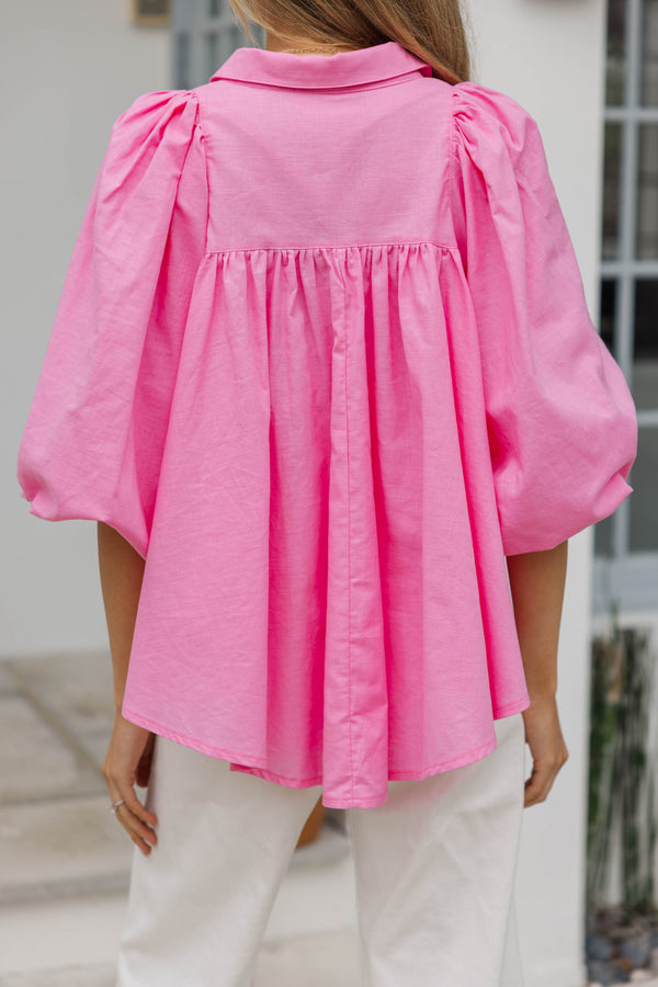 Let's Run Pink Bubble Sleeve Blouse