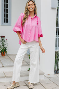 Let's Run Pink Bubble Sleeve Blouse