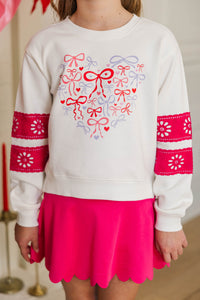 Girls: Tied Together Forever White & Fuchsia Lace Sleeve Graphic Sweatshirt