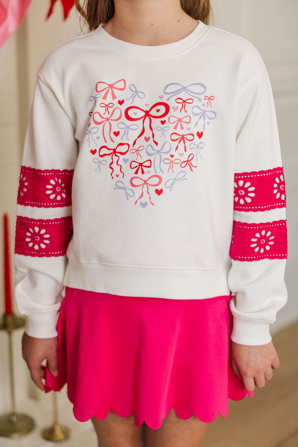 Girls: Tied Together Forever White & Fuchsia Lace Sleeve Graphic Sweatshirt