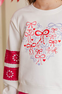 Girls: Tied Together Forever White & Fuchsia Lace Sleeve Graphic Sweatshirt