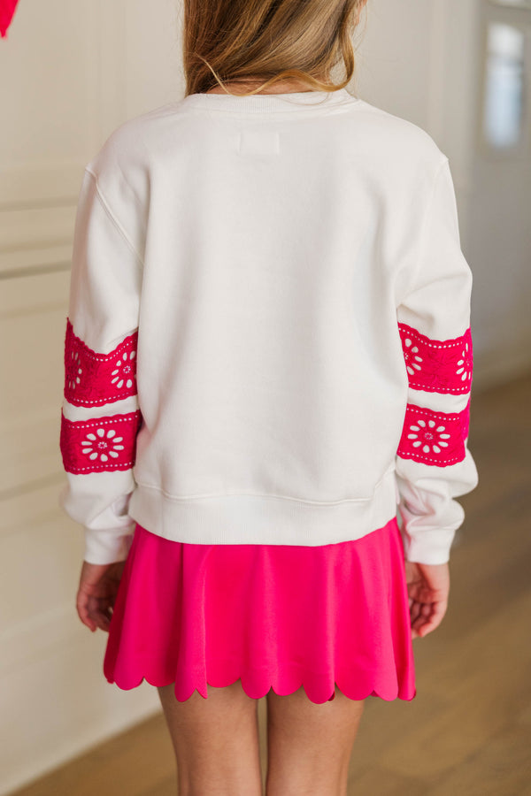 Girls: Tied Together Forever White & Fuchsia Lace Sleeve Graphic Sweatshirt