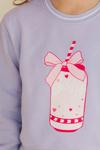 Girls: Girly Pop Lavender Striped Cuff Graphic Sweatshirt