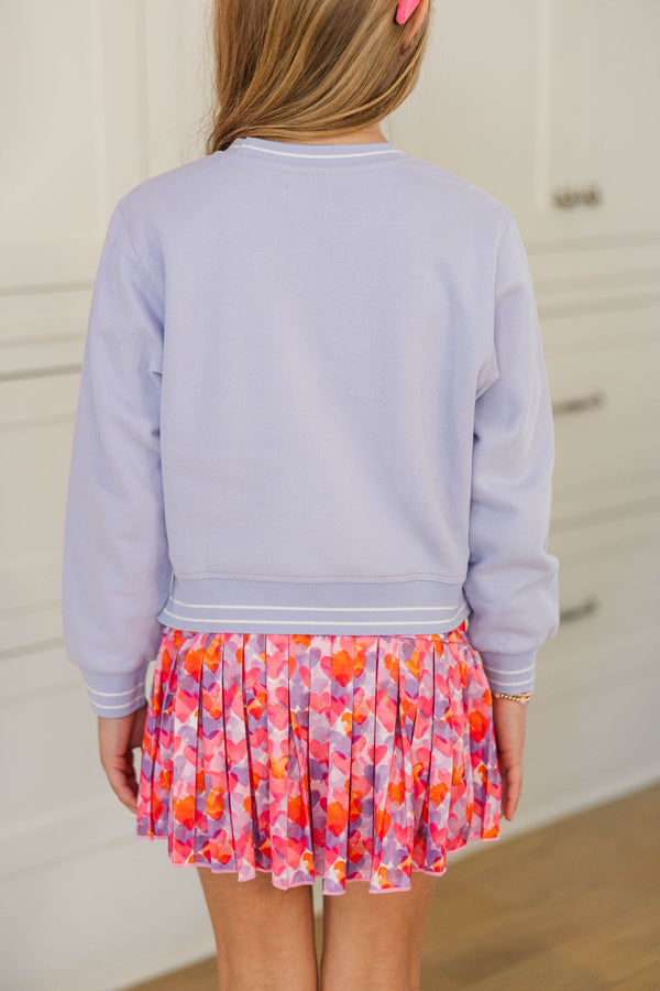 Girls: Girly Pop Lavender Striped Cuff Graphic Sweatshirt