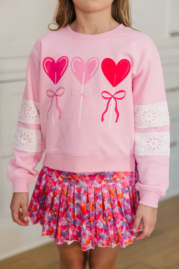 Girls: Sucker For You Blush Pink & White Lace Sleeve Graphic Sweatshirt