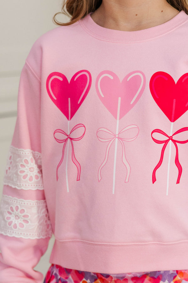 Girls: Sucker For You Blush Pink & White Lace Sleeve Graphic Sweatshirt