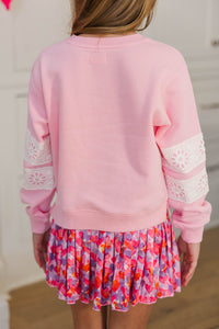 Girls: Sucker For You Blush Pink & White Lace Sleeve Graphic Sweatshirt