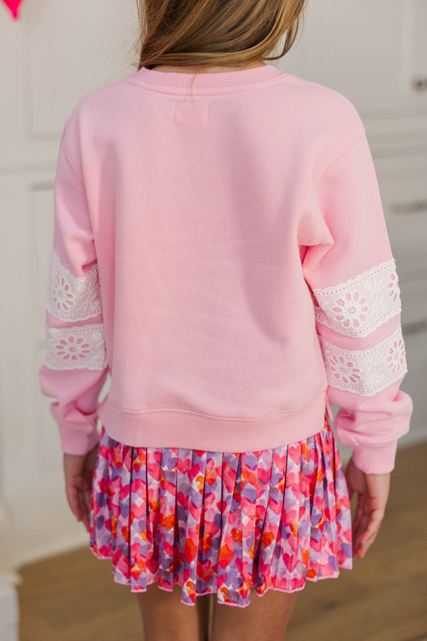 Girls: Sucker For You Blush Pink & White Lace Sleeve Graphic Sweatshirt