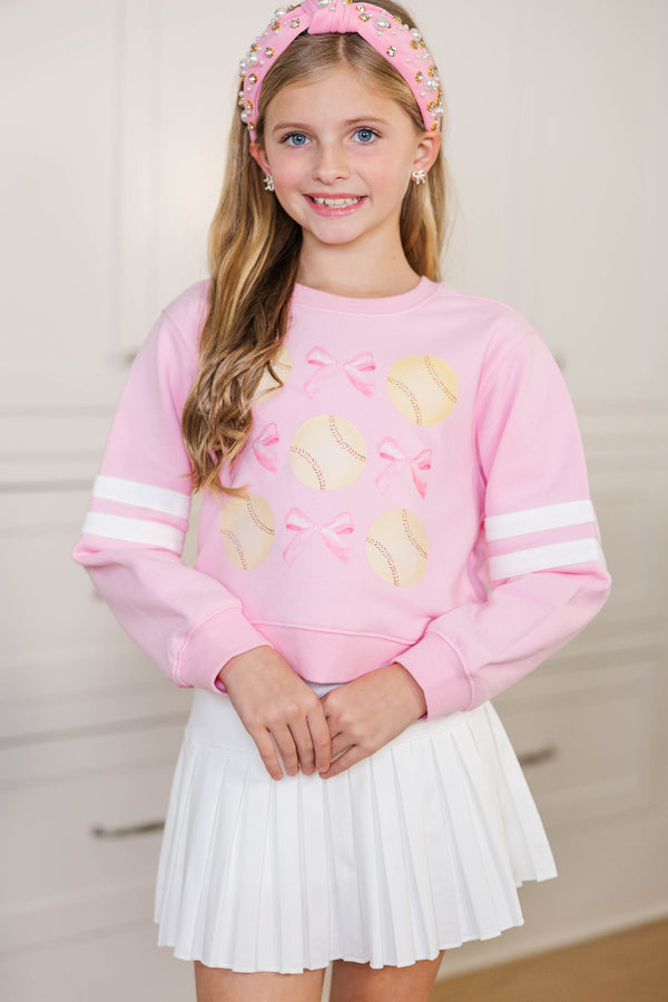 Girls: The Sporty Girl Club Blush Pink Softball Varsity Graphic Sweatshirt