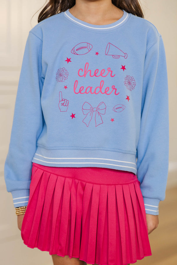 Girls: Cheerleader Light Blue Striped Cuff Graphic Sweatshirt