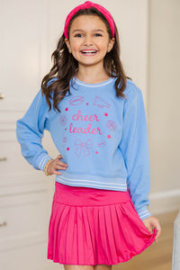 Girls: Cheerleader Light Blue Striped Cuff Graphic Sweatshirt