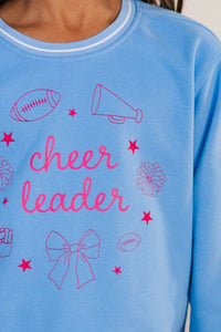 Girls: Cheerleader Light Blue Striped Cuff Graphic Sweatshirt