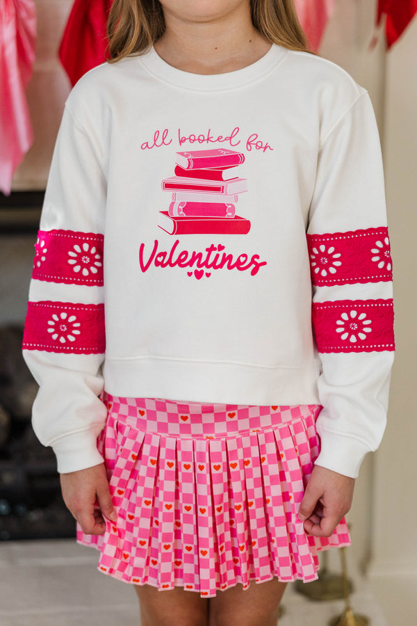 Girls: All Booked For Valentines White & Fuchsia Lace Sleeve Graphic Sweatshirt