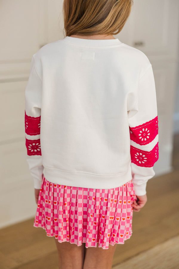 Girls: All Booked For Valentines White & Fuchsia Lace Sleeve Graphic Sweatshirt