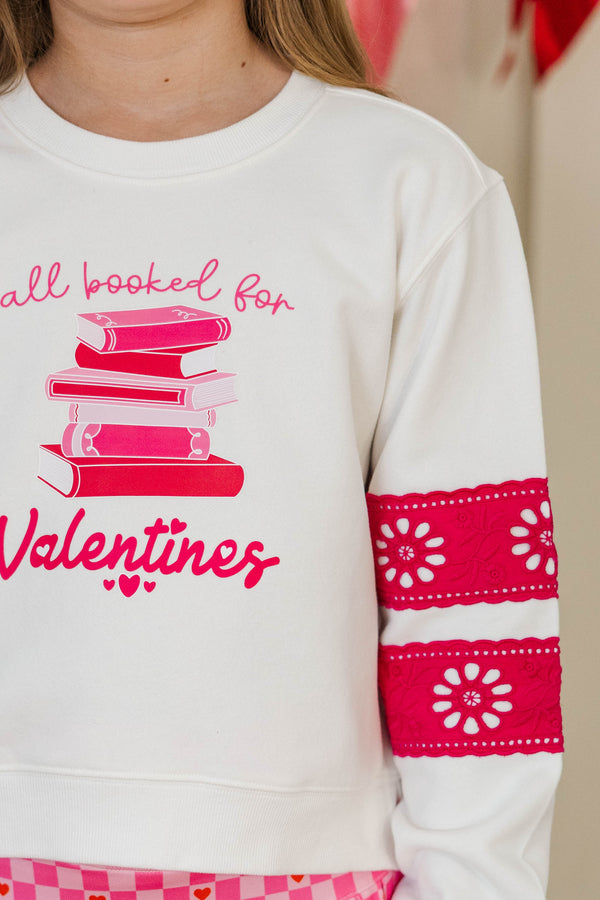 Girls: All Booked For Valentines White & Fuchsia Lace Sleeve Graphic Sweatshirt