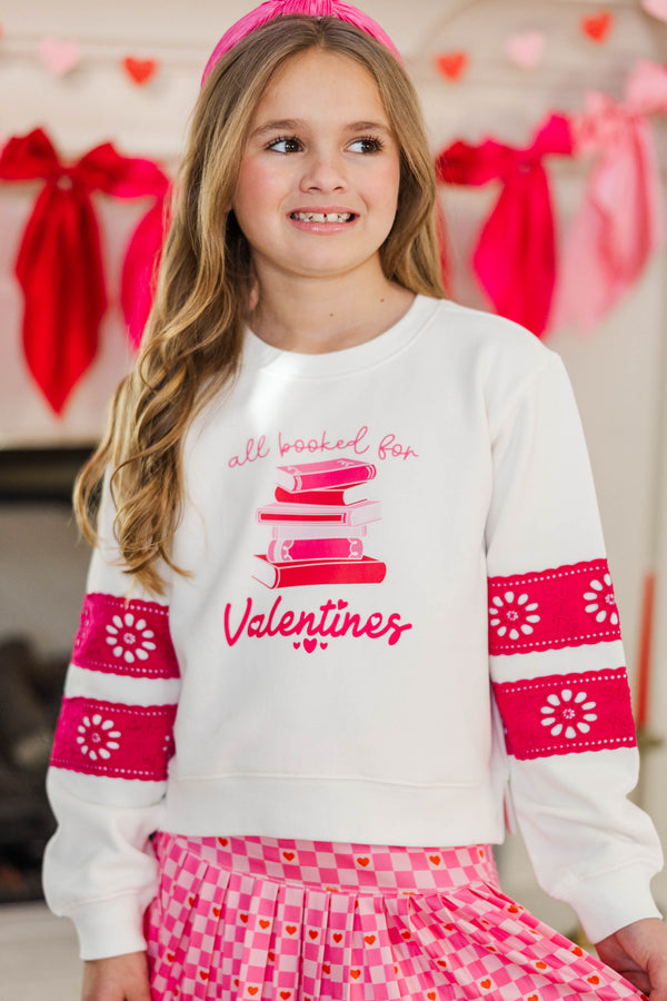 Girls: All Booked For Valentines White & Fuchsia Lace Sleeve Graphic Sweatshirt