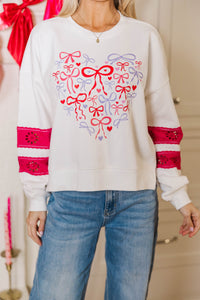 Tied Together Forever White & Fuchsia Lace Sleeve Graphic Sweatshirt