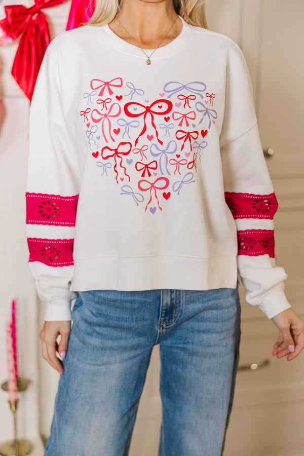 Tied Together Forever White & Fuchsia Lace Sleeve Graphic Sweatshirt
