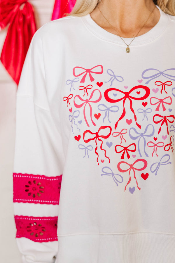 Tied Together Forever White & Fuchsia Lace Sleeve Graphic Sweatshirt