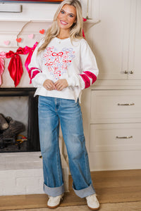 Tied Together Forever White & Fuchsia Lace Sleeve Graphic Sweatshirt