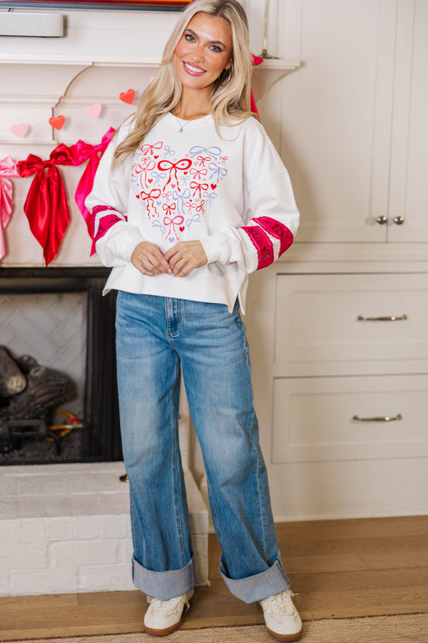 Tied Together Forever White & Fuchsia Lace Sleeve Graphic Sweatshirt