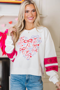 Tied Together Forever White & Fuchsia Lace Sleeve Graphic Sweatshirt