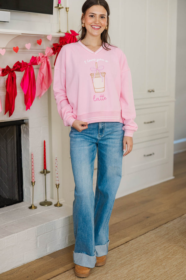 I Love You A Latte Blush Pink V-Neck Striped Cuff Graphic Sweatshirt