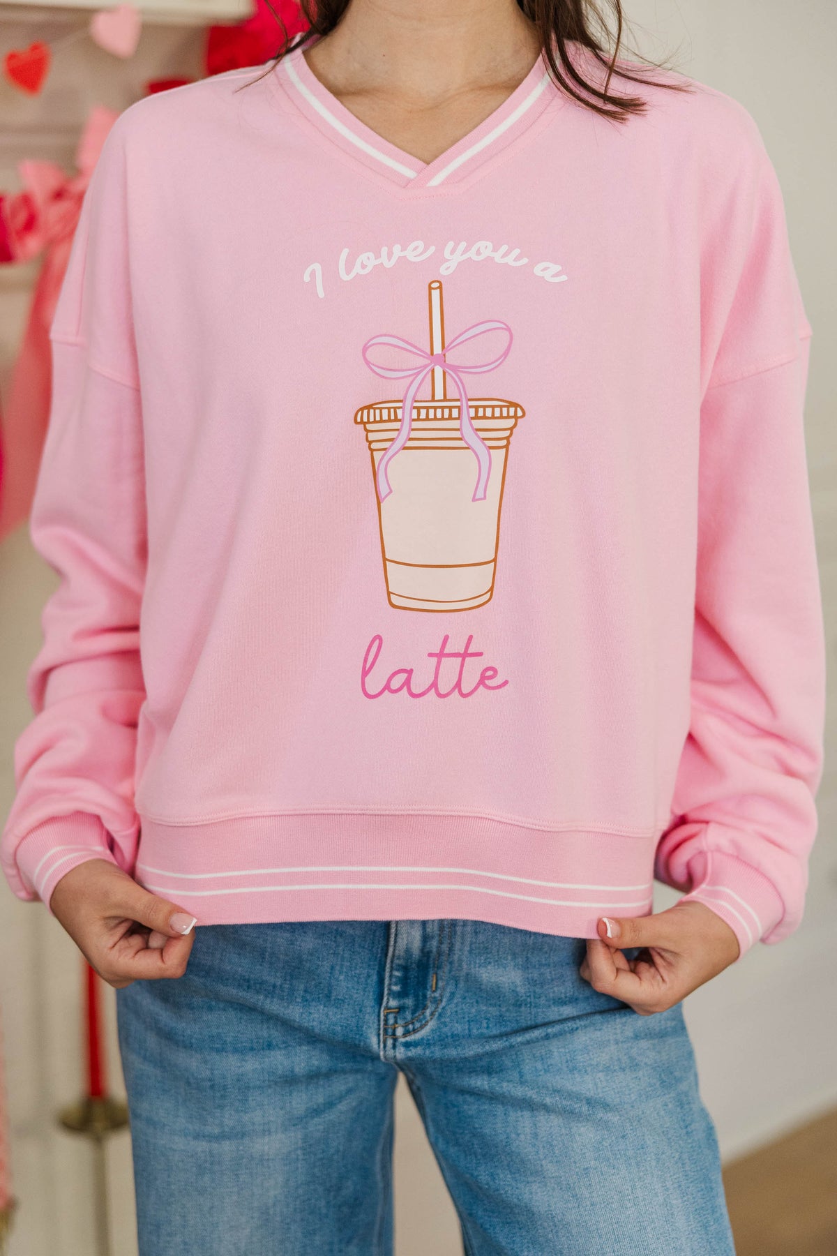 I Love You A Latte Blush Pink V-Neck Striped Cuff Graphic 