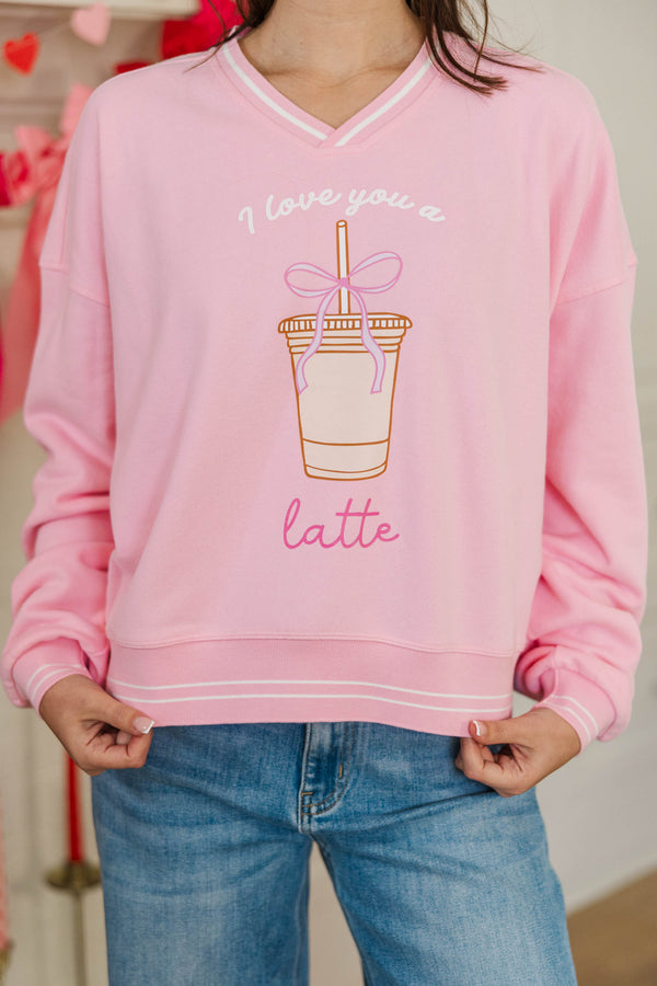 I Love You A Latte Blush Pink V-Neck Striped Cuff Graphic Sweatshirt