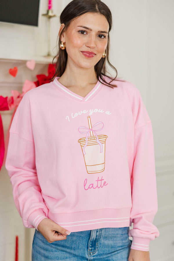 I Love You A Latte Blush Pink V-Neck Striped Cuff Graphic Sweatshirt