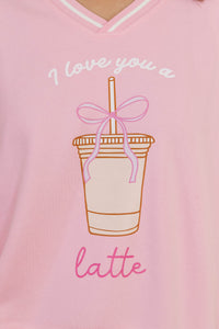 I Love You A Latte Blush Pink V-Neck Striped Cuff Graphic Sweatshirt