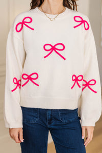 Tied To Perfection Cream & Fuchsia Bow Sweater