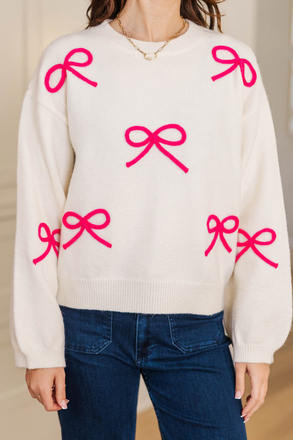 Tied To Perfection Cream & Fuchsia Bow Sweater
