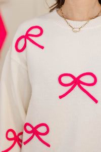 Tied To Perfection Cream & Fuchsia Bow Sweater