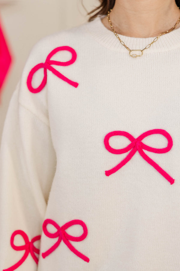 Tied To Perfection Cream & Fuchsia Bow Sweater