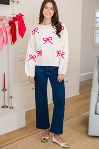Tied To Perfection Cream & Fuchsia Bow Sweater
