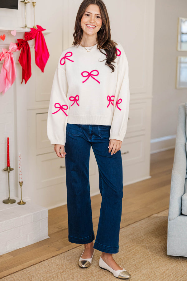 Tied To Perfection Cream & Fuchsia Bow Sweater