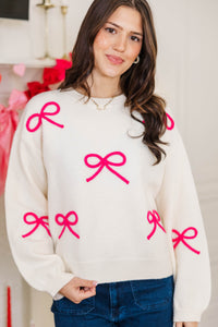 Tied To Perfection Cream & Fuchsia Bow Sweater