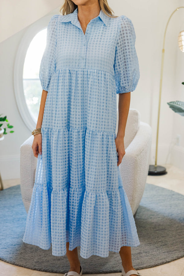 NURSING COLLECTION: Love Found Light Blue Gingham Tiered Midi Dress