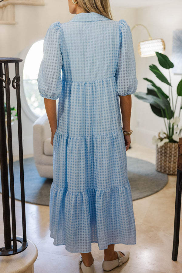 blue gingham tiered dress Light blue and white gingham tiered midi dress