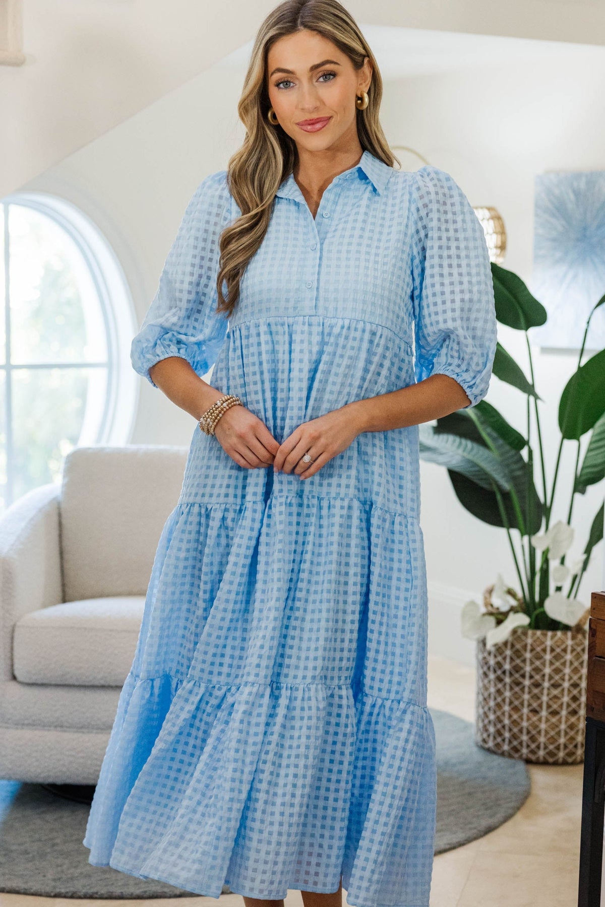 NURSING COLLECTION: Love Found Light Blue Gingham Tiered Midi Dress – Shop the Mint