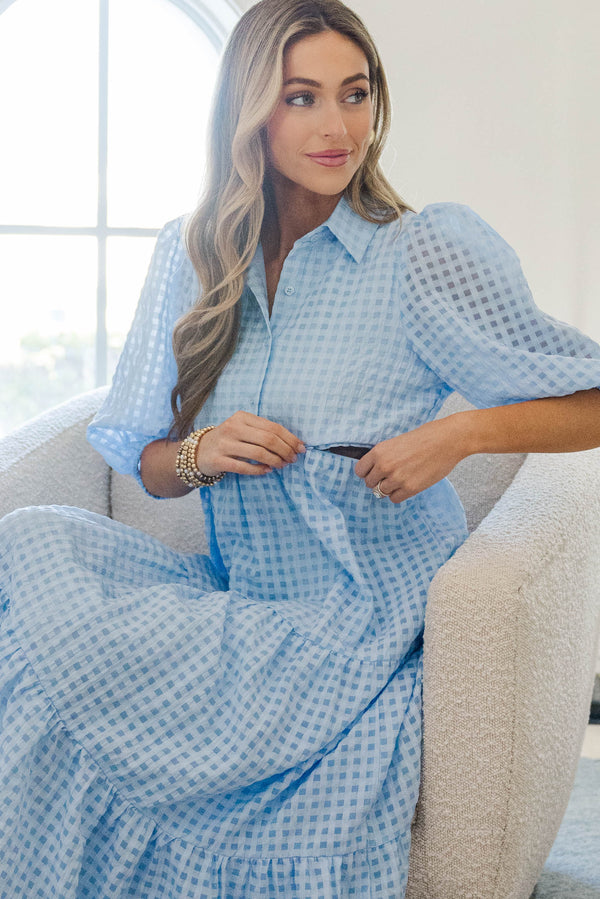 NURSING COLLECTION: Love Found Light Blue Gingham Tiered Midi Dress