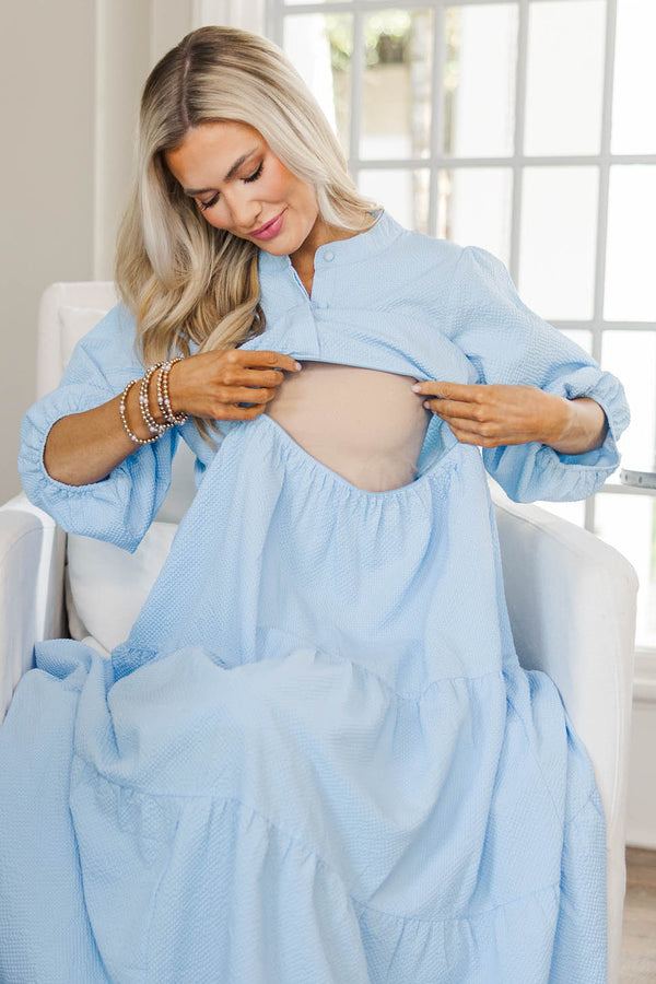NURSING COLLECTION: At Daybreak Light Blue Textured Midi Dress