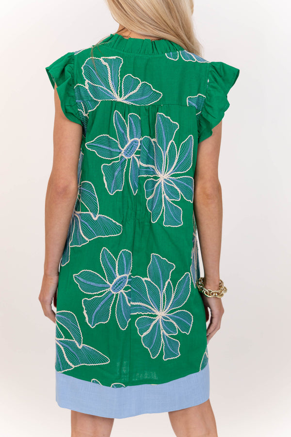 Easy Staple Green Embroidered Shift Dress