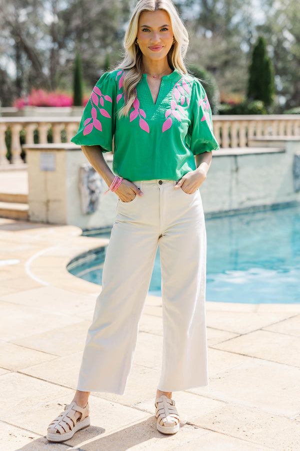 A Pop Of Color Green Embroidered Blouse