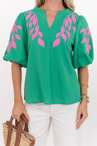 A Pop Of Color Green Embroidered Blouse