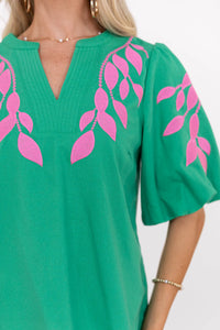 A Pop Of Color Green Embroidered Blouse