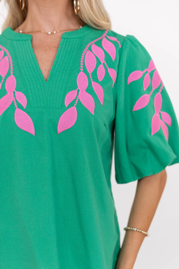 A Pop Of Color Green Embroidered Blouse