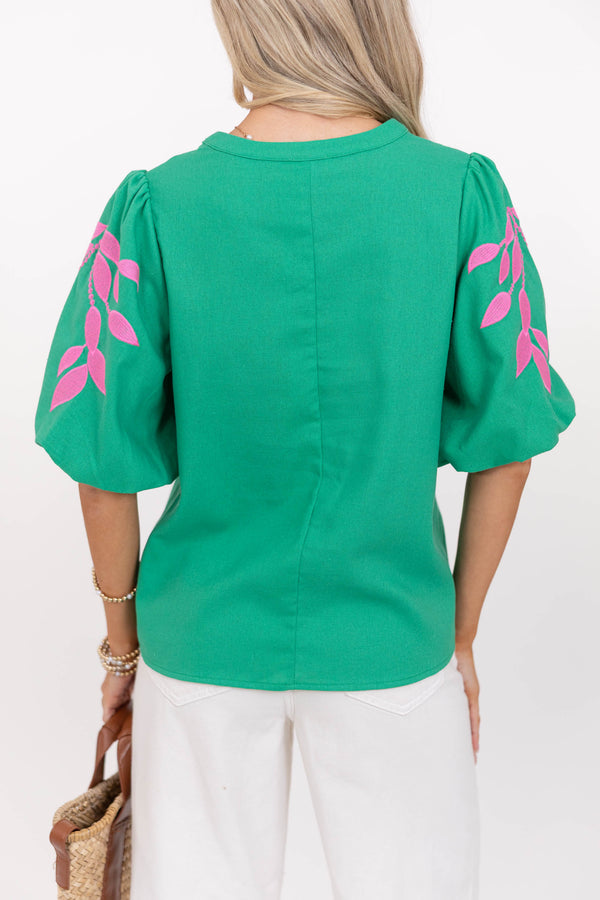 A Pop Of Color Green Embroidered Blouse